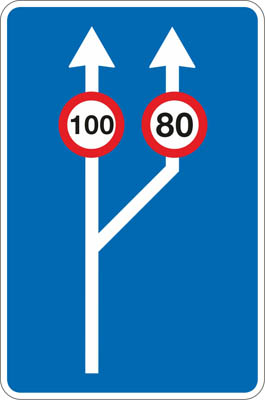 S-53a Transition from one to two lanes with specification of the maximum speed in each