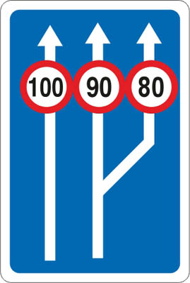 S-53c Transition from two to three lanes of circulation with specification of the maximum speed in each of them